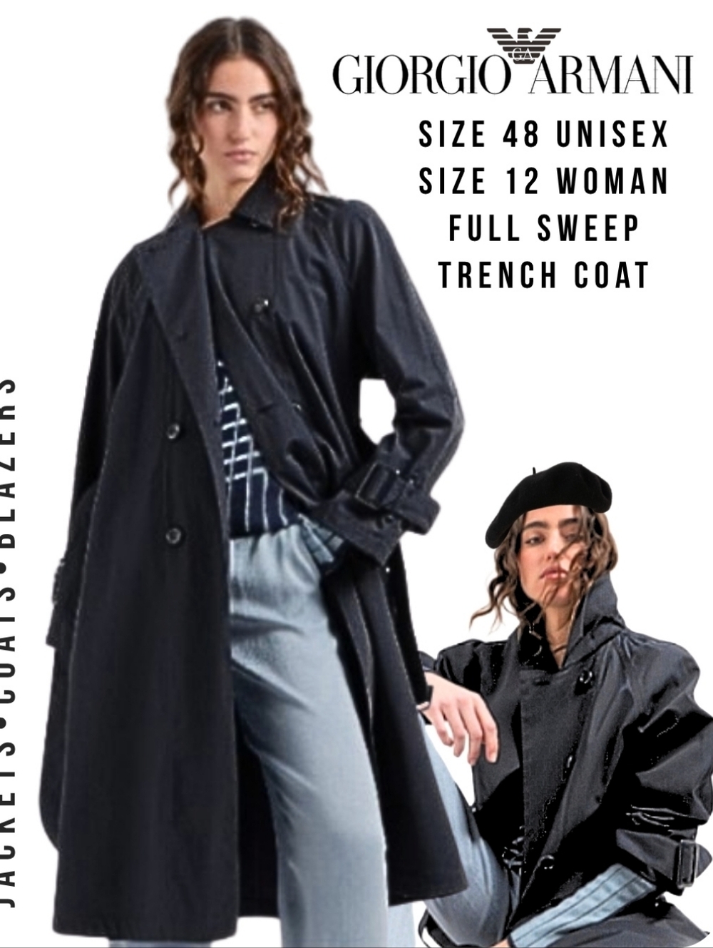 Armani Italy Black Trench Coat Belted Design New With Tags Cashmere Wool Unisex